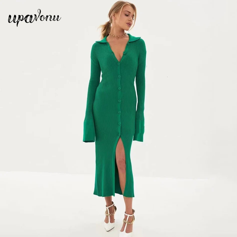 2025  Autumn Bodycon Dress Sweater Knitted Green Women Sexy Midi Split V Neck Long Sleeve Casual Dresses Party Vestidos