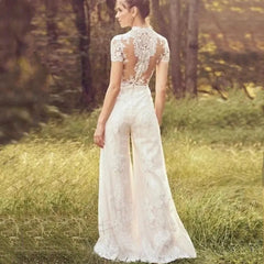 Eleganti abiti da sposa in tuta per donne in pizzo Applique a manica corta Vestidos de novi Illusion Back Abiti da sposa