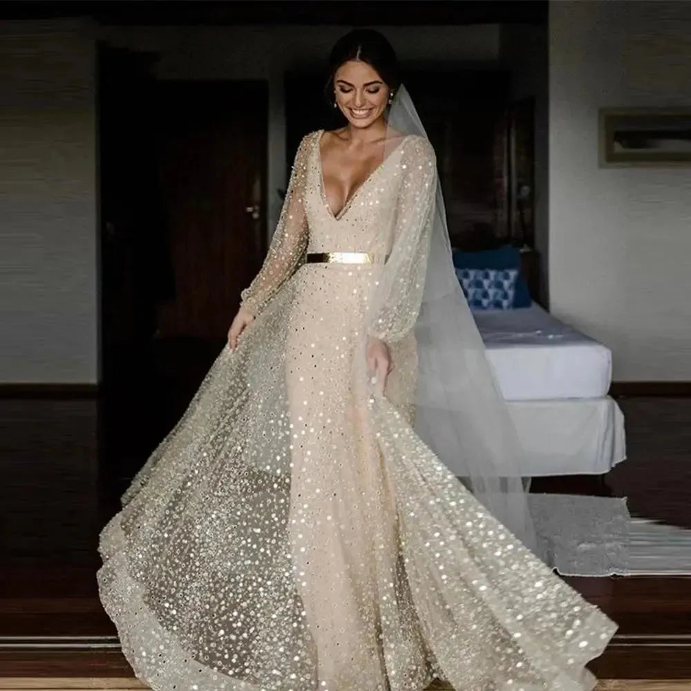 Champagne Glitter Two Pieces Wedding Dresses With Deatachable Coat Gold Sash Puff Long Sleeves V Neck Bride Gowns Ivory