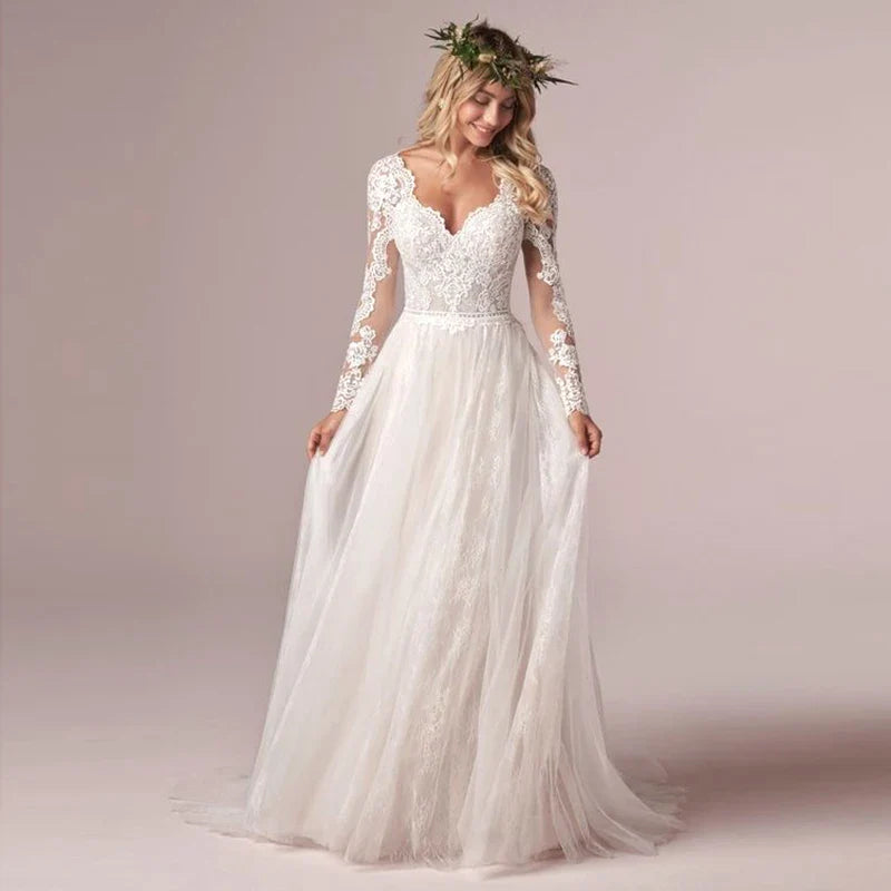 Una linea abiti da sposa a maniche lunghe abiti da sposa tulle in pizzo lungo avorio vestido de nolia aperta posteriore свадебное identi