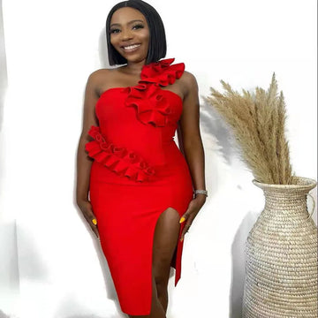 2022 New Summer Women One Shoulder Sexy Ruffles Bodycon Mini Dress Bandage Rayon Celebrate Birthday Party Dress Vestido