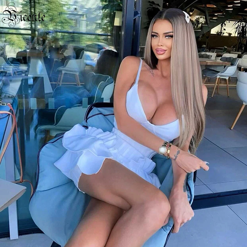 VC Women White Mini Dress Sexy Spaghetti Strap V Neck Ruffles Dress Celebrity Christmas Party Bandage Vestido