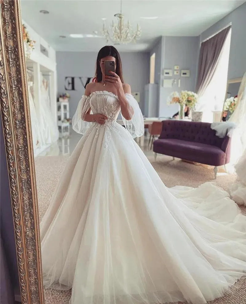 Fairy Boho Wedding Dresses Puff Sleeve Princess Vintage Bride Dress Lace Wedding Gowns Corset Back Strapless Robe de Mariee Boho