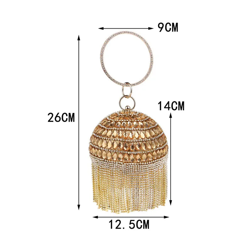 SEKUSA Ball Diamond Tassel Women Party Metal Crystal Clutches Evening  Wedding Bag Bridal Shoulder Handbag Wristlets Clutch