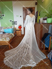 Customized Hippie Boho Beach Elopement Backless Wedding Dress Chiffon Long Sleeves Big Size Photoshoot V Neck Lace Bridal Gown