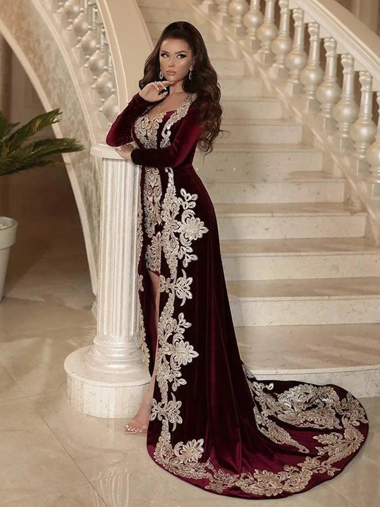 Burgundy Morocco Caftan Evening Dresses Full Sleeve Lace