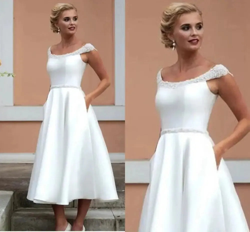 Simple Satin Short Wedding Dresses Knee Length With Crystal Beading Bridal Gowns With Pocket Elegant Scalloped Cap Sleeve White Satin Short Wedding Dress