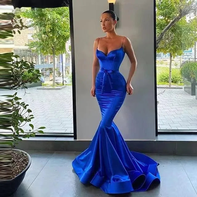 Lily Spaghetti Strap Gold Prom Dresses Sexy V Neck robes de soirée Stain Sheath Mermaid Evening Dresses Sweep Train Prom Gown As Picture Mermaid