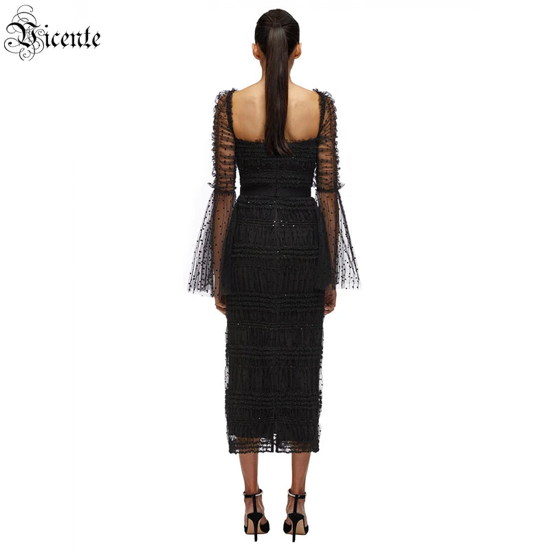VC Dress Women Polka Dot Draped Mesh Sequined Mesh Long-sleeved Square Neck Halter Black Mid-length Bandage Midi Dress Gown