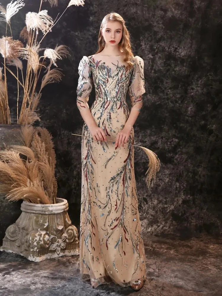 Customized Gorgeous Evening Dresses New Arrival Sequined Lace Champagne Mermaid Formal Prom Gown with 3/4 Sleeves