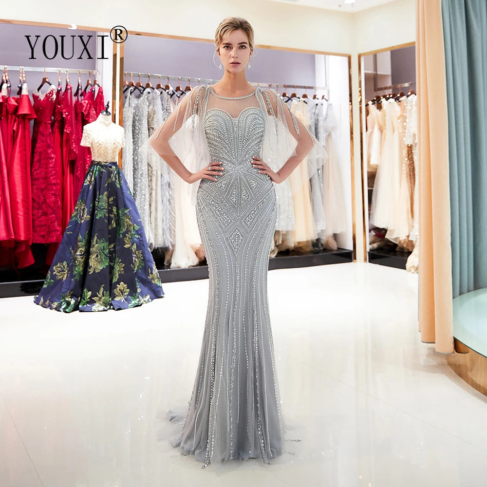 Gray Mermaid Evening Dresses with Sleeves Beaded Beading Pearls Prom Gowns Vestidos Formal Para Mujer Handwork Sheer Neck