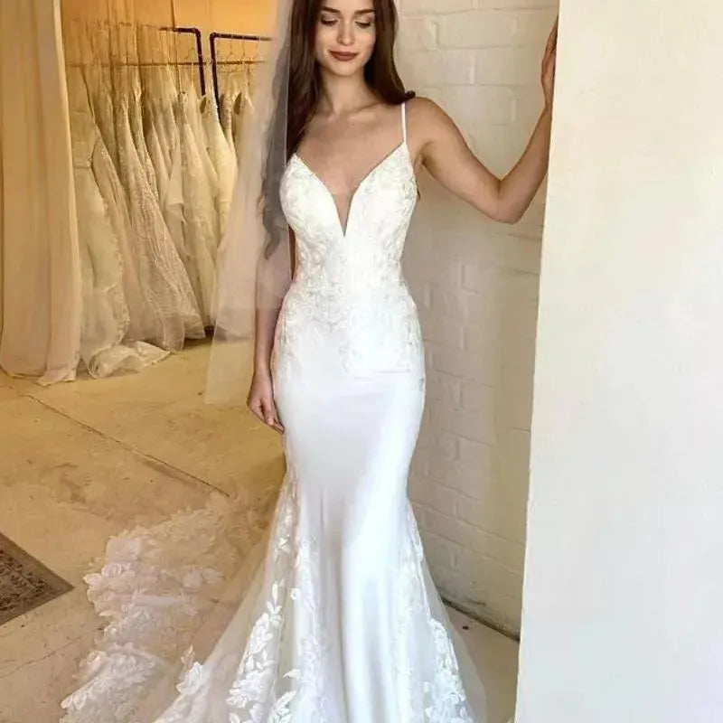 Boho Wedding Dresses Lace Spaghetti Strap Apliques Mermaid Wedding Gown White Ivory Bride Dress suknia slubna Ivory