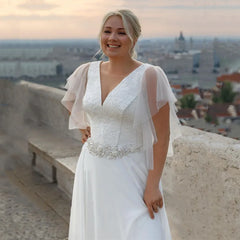 Vestidos de novia de gasa bohemios de talla grande, manga corta, escote en V, corte en A con cinturón, vestidos de novia de talla grande hechos a medida 