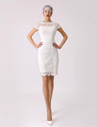 Abito da sposa corto con collo in barca, maniche corte e abiti da sposa moderni posteriori abbottonati Ow Court Court Train Abito da sposa Principessa White Vestido de novi Mermaid Satin