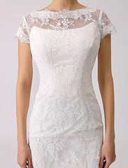 Abito da sposa corto con collo in barca, maniche corte e abiti da sposa moderni posteriori abbottonati Ow Court Court Train Abito da sposa Principessa White Vestido de novi Mermaid Satin