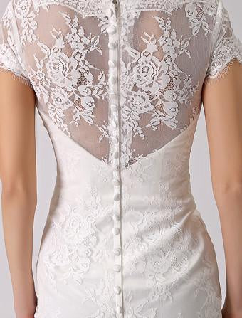 Abito da sposa corto con collo in barca, maniche corte e abiti da sposa moderni posteriori abbottonati Ow Court Court Train Abito da sposa Principessa White Vestido de novi Mermaid Satin