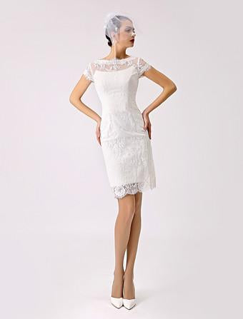 Abito da sposa corto con collo in barca, maniche corte e abiti da sposa moderni posteriori abbottonati Ow Court Court Train Abito da sposa Principessa White Vestido de novi Mermaid Satin