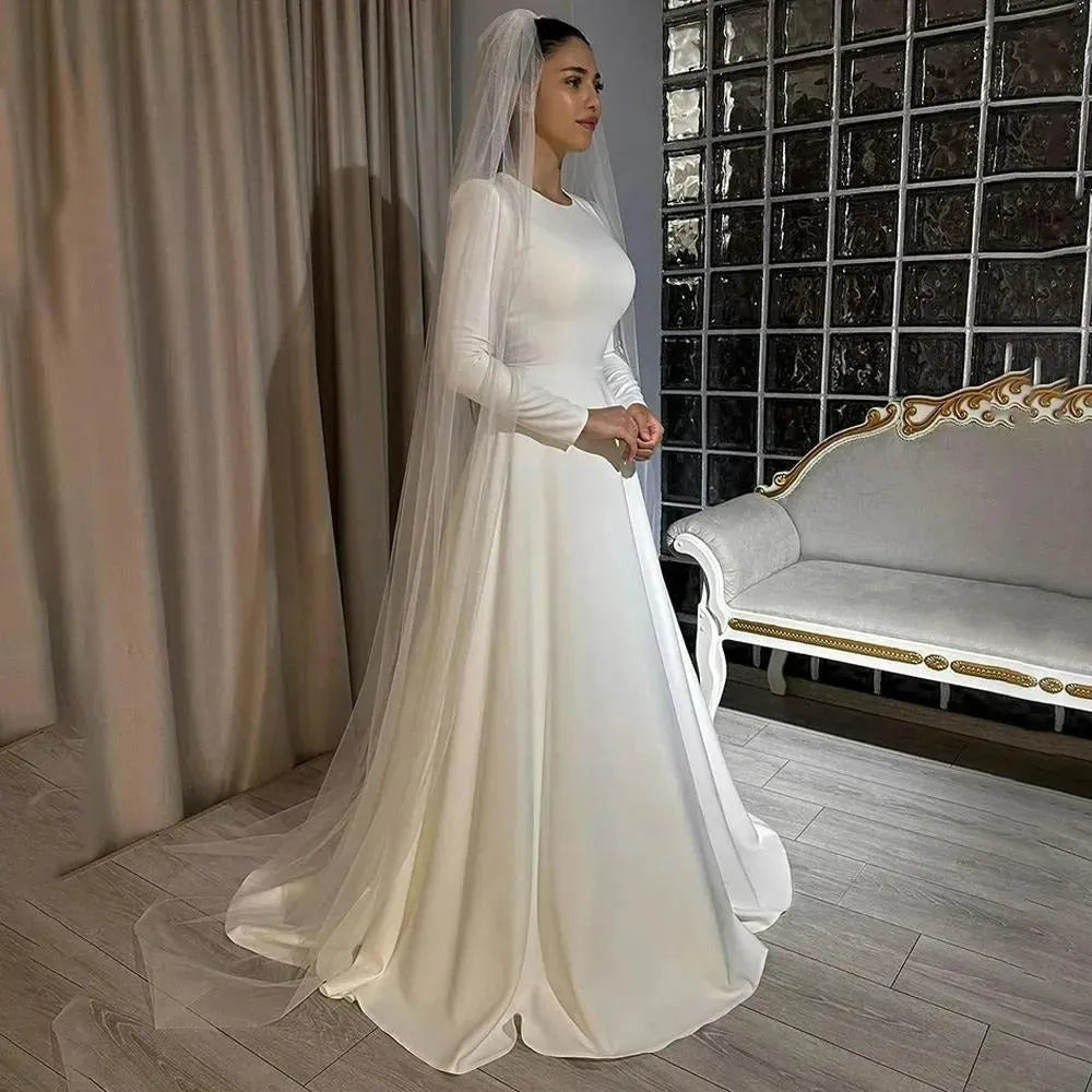 Ivory Satin Wedding Dresses for Bride Long Sleeve O Neck A Line Dubai Muslim Bride Dress with Train Simple Civil Wedding Gowns champagne