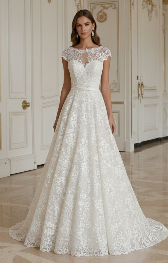 Ivory A-Line Wedding Dress Classic Lace Bridal Gown