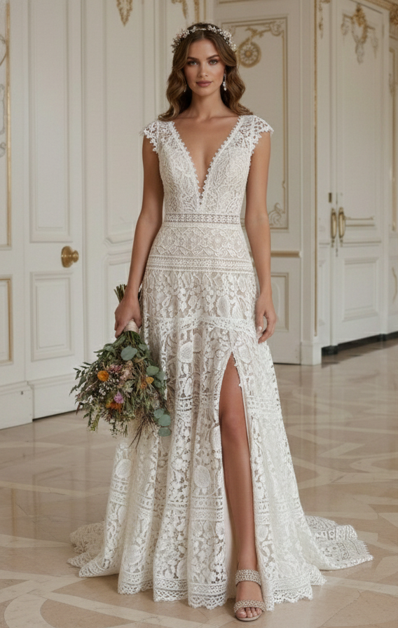 Elfenbeinfarbenes Boho-Hochzeitskleid mit Spitze