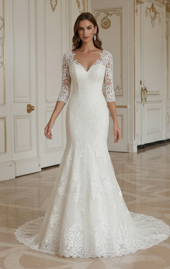Elfenbeinfarbenes Meerjungfrauen-Hochzeitskleid Klassisches Spitzen-Brautkleid