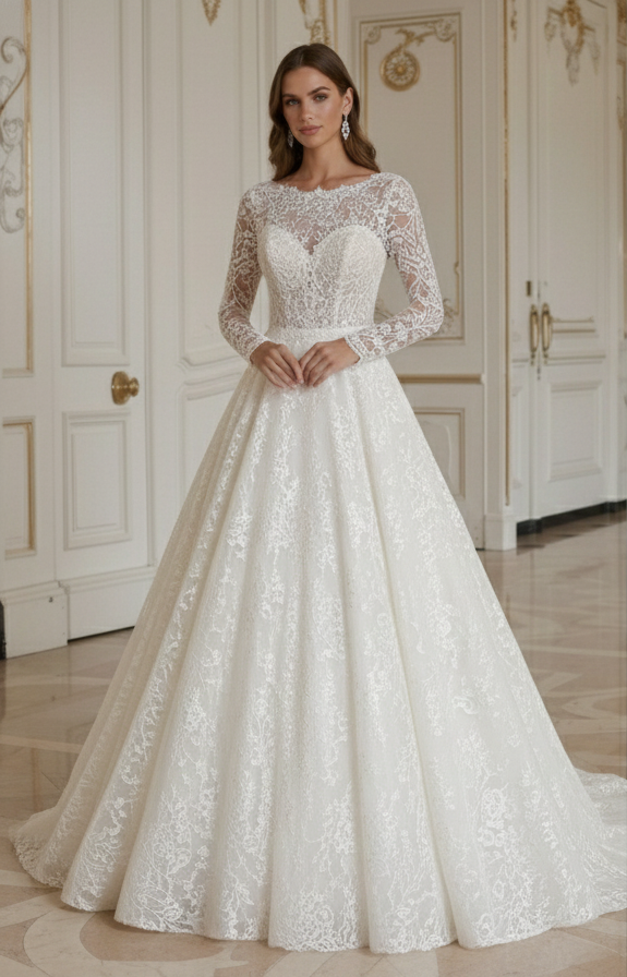 Ivory Princess Wedding Dress Classic Lace Ball Gown