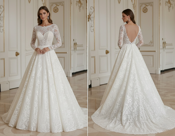 Vestido de Noiva Princesa Marfim Clássico em Renda Modelo Ball Gown