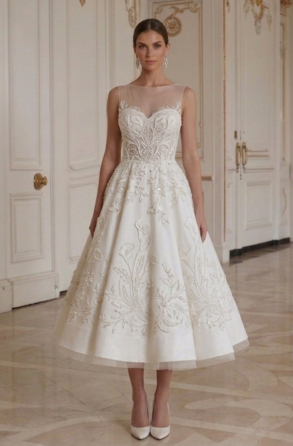 Elfenbeinfarbenes Hochzeitskleid in Teelänge Klassischer Brautstil