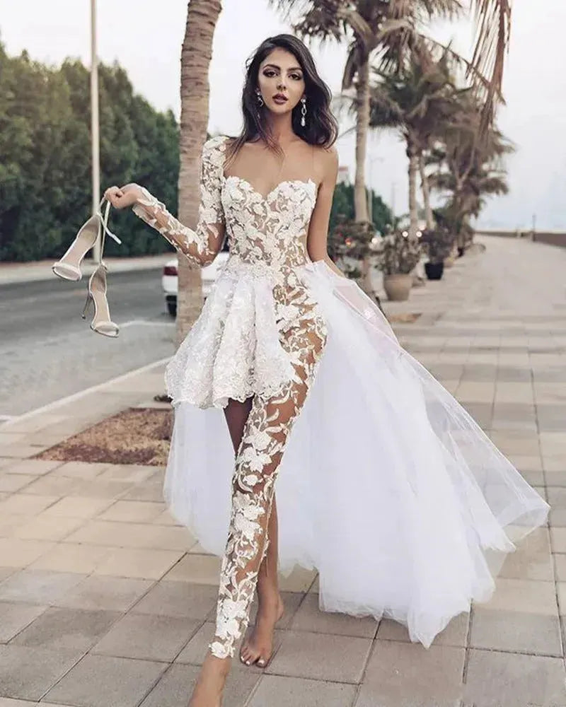 Elegant Wedding Dresses for Women Lace Appliques One Shoulder Overskirts Wedding Dress with Pants Robe De Mariée SWEETHEART Boho