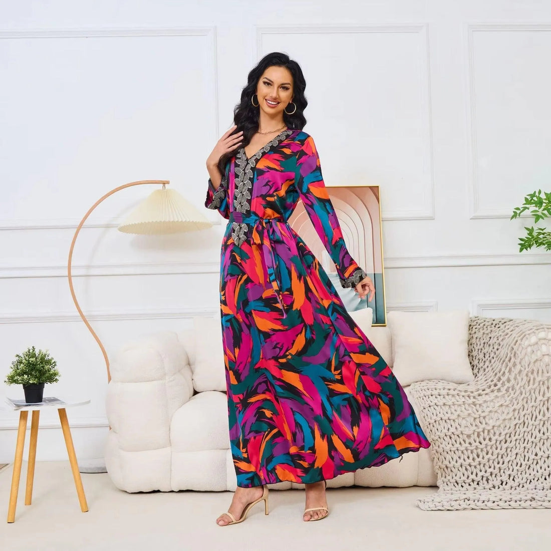 Fashion Floral Color Painting Diamonds Evening Party Abaya Long Sleeve V Collar Belted Dress Moroccan Islamic Women Red Dress