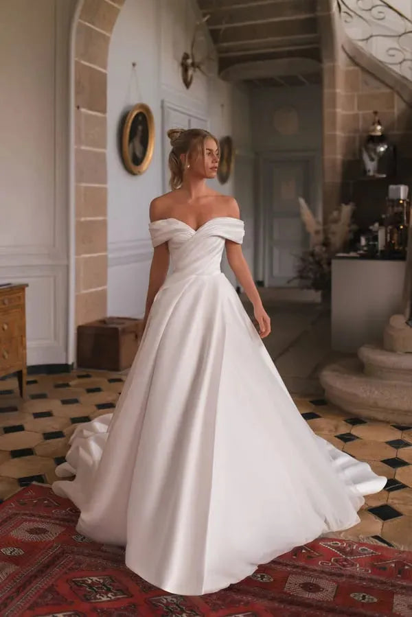 Satin Princess Wedding Dresses A Line Off The Shoulder Bride Dress Pleats Wedding Gowns
