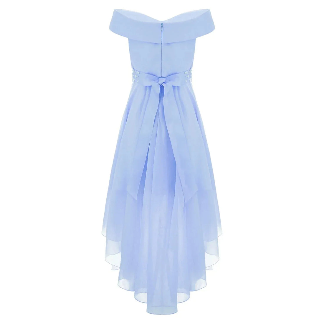 Kids Girls Elegant Princess Dresses Off Shoulder Hi-Lo Hem Chiffon Evening Wedding Birthday Party Dress with Shiny Beaded Sash