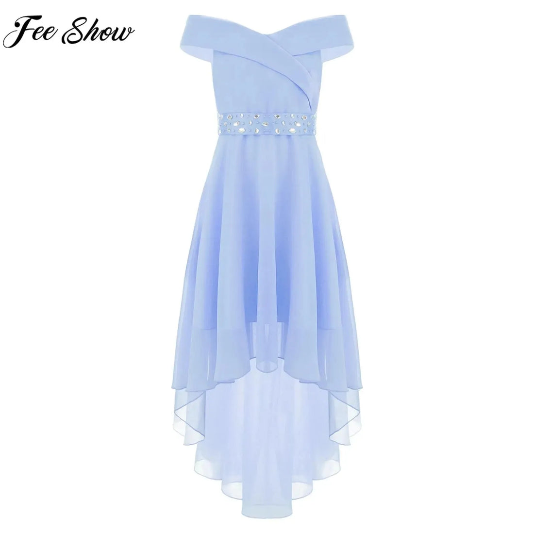 Kids Girls Elegant Princess Dresses Off Shoulder Hi-Lo Hem Chiffon Evening Wedding Birthday Party Dress with Shiny Beaded Sash
