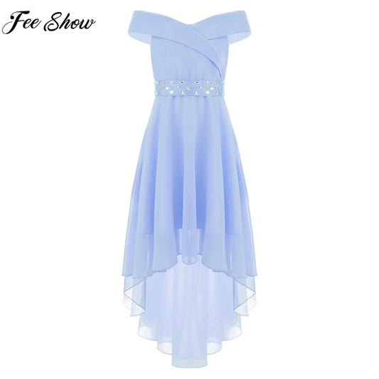 Kids Girls Elegant Princess Dresses Off Shoulder Hi-Lo Hem Chiffon Evening Wedding Birthday Party Dress with Shiny Beaded Sash Sarah Houston