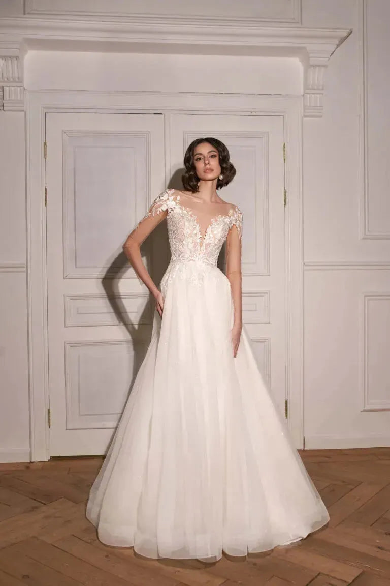 Elegant Classic A-Line Wedding Dress with Long Sleeves, Open Neckline, Embroidery Detailing, and Natural Waistline