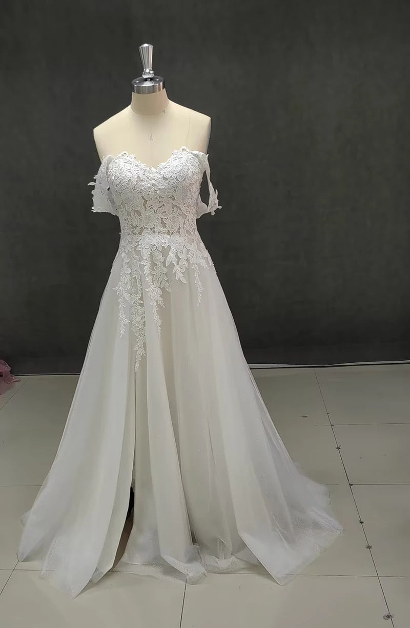 Vestido de novia de encaje con hombros descubiertos y escote corazón, vestido de novia con abertura lateral y apliques vintage, vestido de novia campestre 