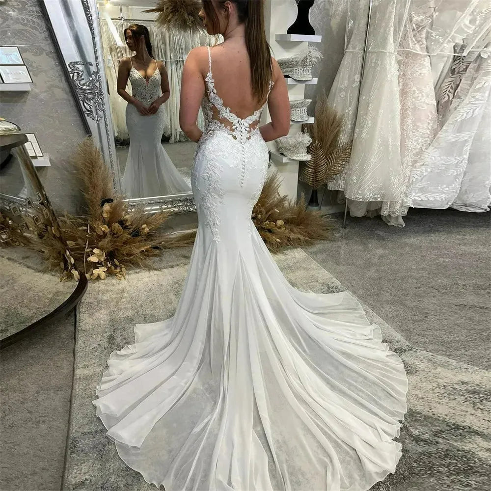 LSYX Deep V-Neck Sleeveless Chiffon Mermaid Wedding Dress Simple Spaghetti Strap Court Train Cut Out Back Bridal Gown Ivory