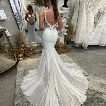 LSYX Deep V-Neck Sleeveless Chiffon Mermaid Wedding Dress Simple Spaghetti Strap Court Train Cut Out Back Bridal Gown