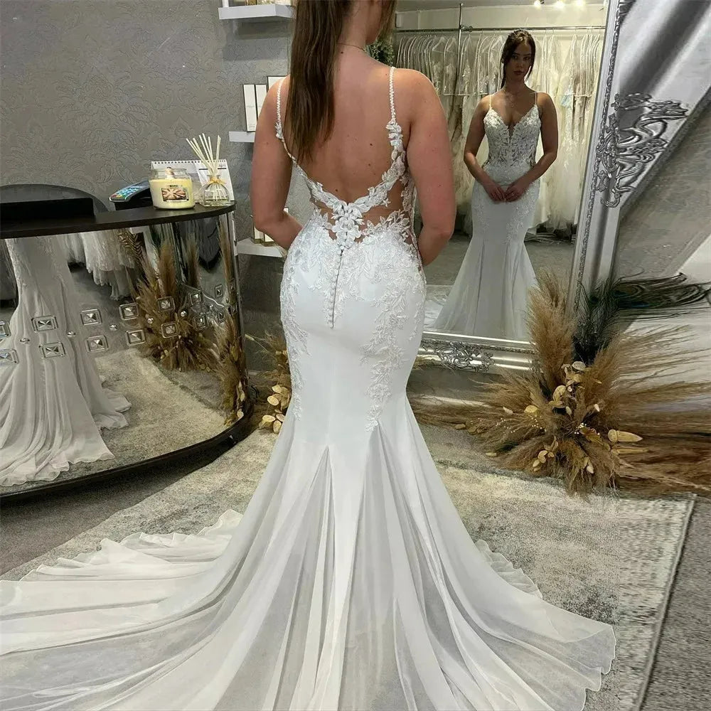 LSYX Deep V-Neck Sleeveless Chiffon Mermaid Wedding Dress Simple Spaghetti Strap Court Train Cut Out Back Bridal Gown Ivory