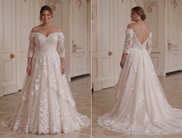 Bruidsjurk met kantborduursel voor plus size bruid, romantische stijl