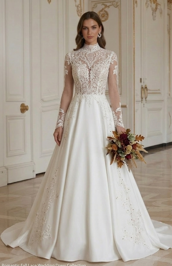Rochie de mireasă din dantelă pentru nuntă de toamnă, stil romantic