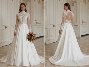 Abito da Sposa in Pizzo per Matrimonio Autunnale Stile Romantico