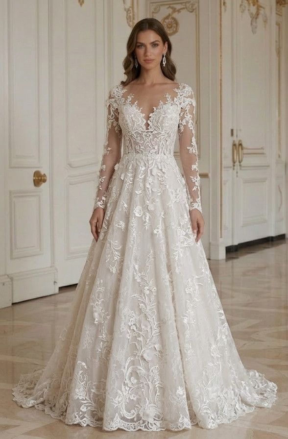 Rochie de mireasă din dantelă pentru nuntă în grădină, romantică