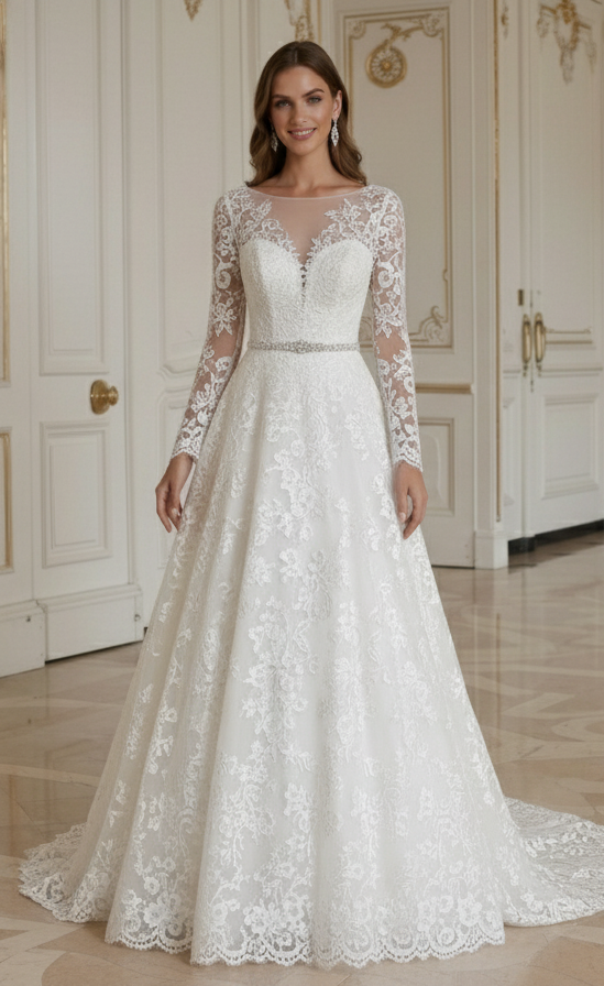 Rochie de mireasă din dantelă pentru mirese slabe, stil clasic