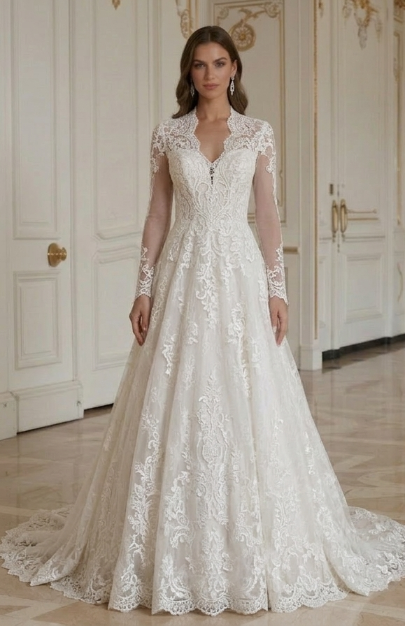 Rochie de mireasă din dantelă cu mâneci lungi, elegantă