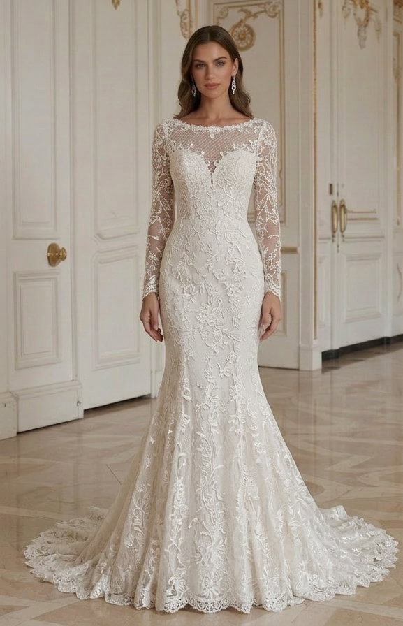 Rochie de mireasă din dantelă sirenă, mulată