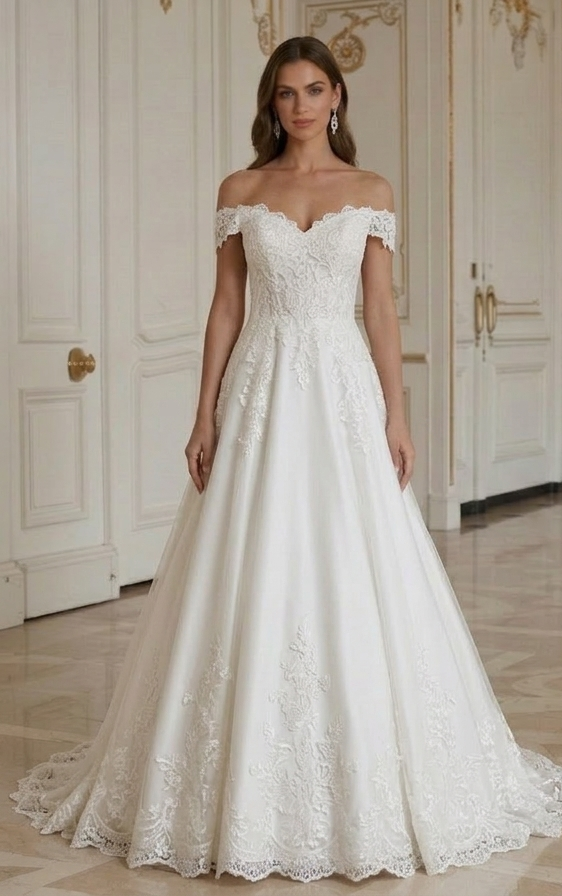 Rochie de mireasă din dantelă cu umerii goi