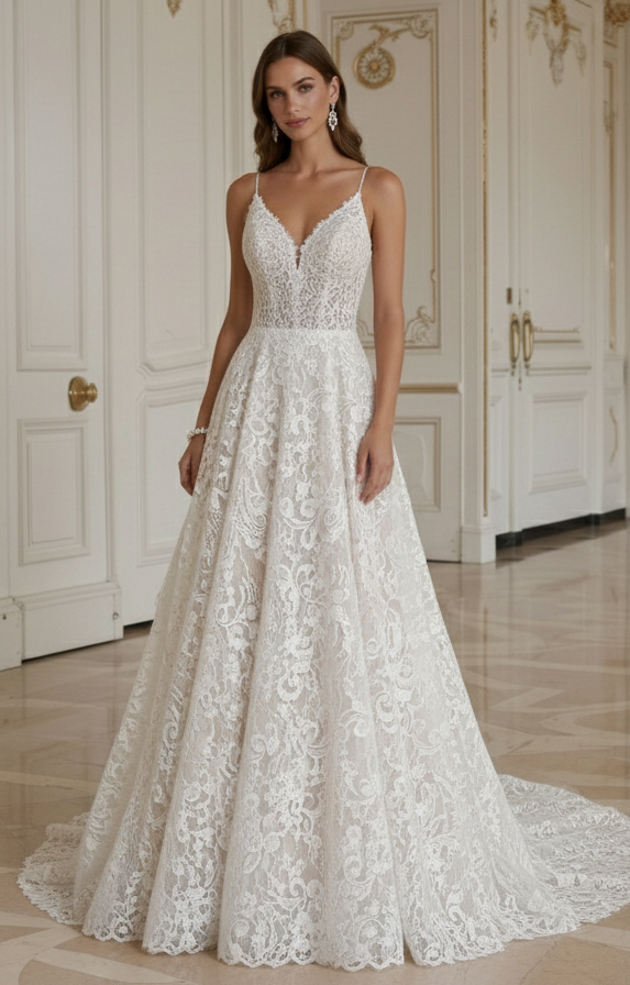 Rochie de mireasă din dantelă cu trenă capelă