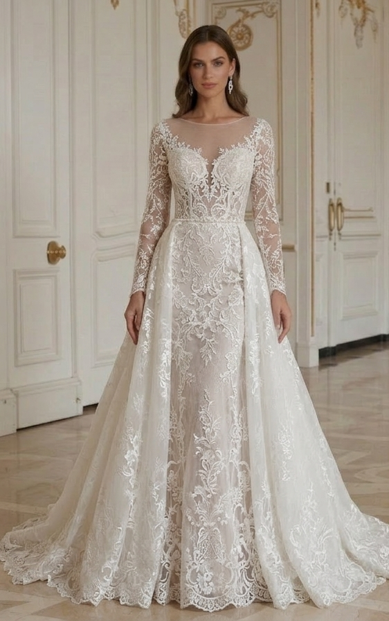 Rochie de mireasă din dantelă cu trenă detașabilă