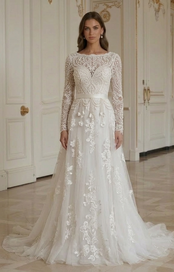 Rochie de mireasă din dantelă cu detaliu elegant cu perle
